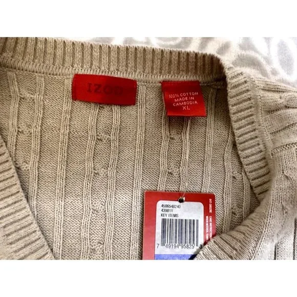 Izod 100% Cotton Beige V-Neck Cable Knit Sweater, NWT, Mens XL, $65 Retail - Picture 10 of 14